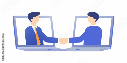 Digital handshake between two business professionals on laptop screens