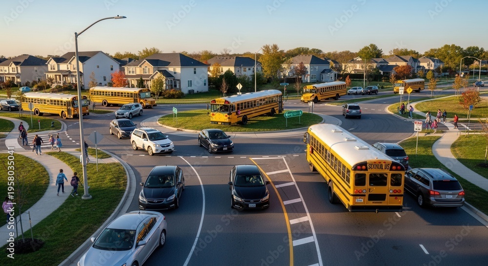Obraz premium Yellow School Buses Navigate Busy Suburban Roundabout During Morning Commute