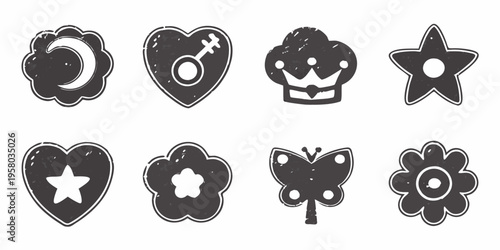 Collection of hand drawn black and white icons featuring whimsical shapes
