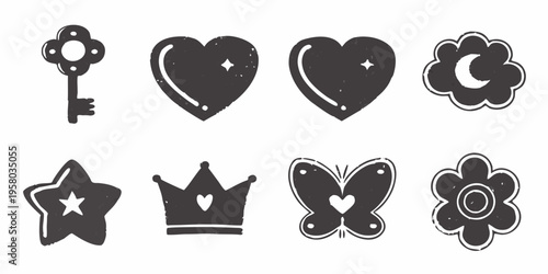 Black and white doodle icons featuring hearts crowns and whimsical shapes
