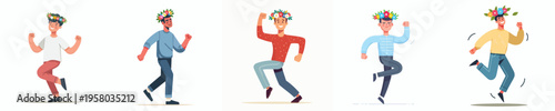 vector of a man dancing happily wearing a flower crown during spring