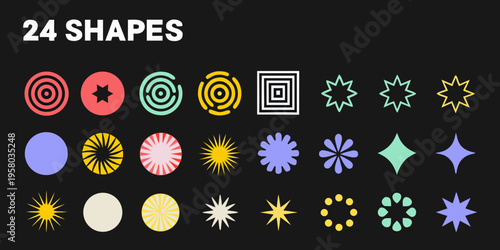 Collection of twenty four vibrant and colorful abstract geometric shapes