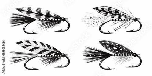 Detailed illustration of four distinct fishing lures on a white background