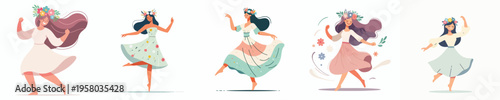 vector of a woman dancing happily wearing a flower crown during spring