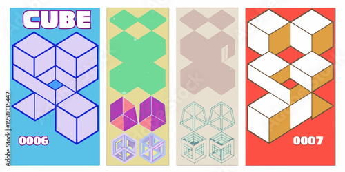 Four vertically arranged panels displaying isometric cube designs