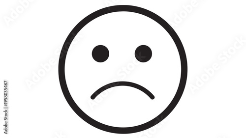 Sad face icon with black outline and simple dot eyes and curved mouth featuring emoticon, emoji, unhappy with frown and expression elements for