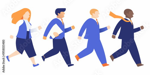 Diverse group of business professionals energetically walking forward together