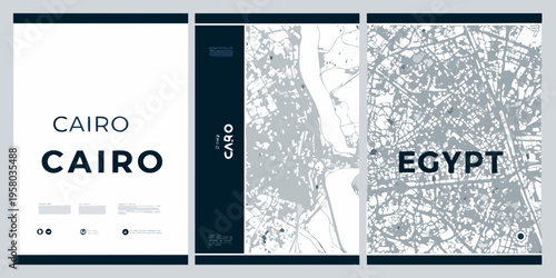 A triptych featuring the name Cairo and aerial city maps