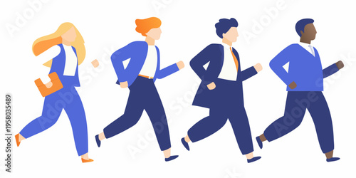 Four business professionals are depicted running forward in a stylized illustration
