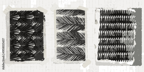 Three rectangular sketches of abstract patterns taped to a textured wall