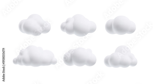 Set of white clouds 3D vector icons set, cartoon weather forecast cloudy symbol, realistic meteorology design element
