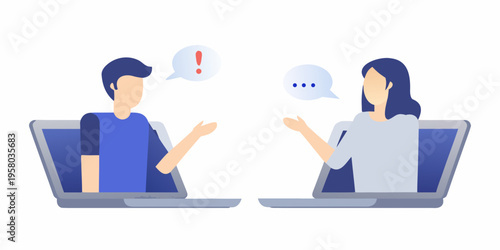 Two people having a virtual conversation using laptops and speech bubbles