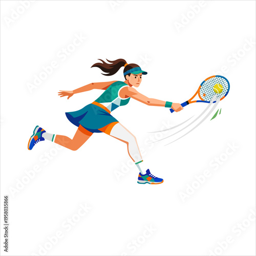 Dynamic Female Tennis Player in Action Hitting a Forehand Shot.