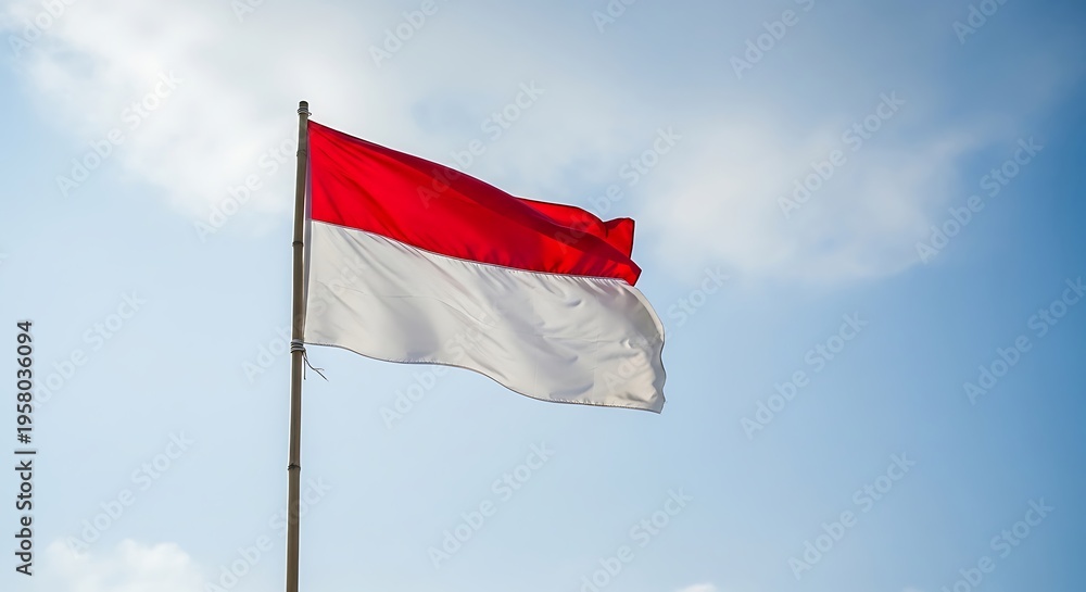 Naklejka premium Indonesian Flag Waving Proudly Against a Bright Blue Sky with Light Clouds, Symbolizing National Pride and Freedom