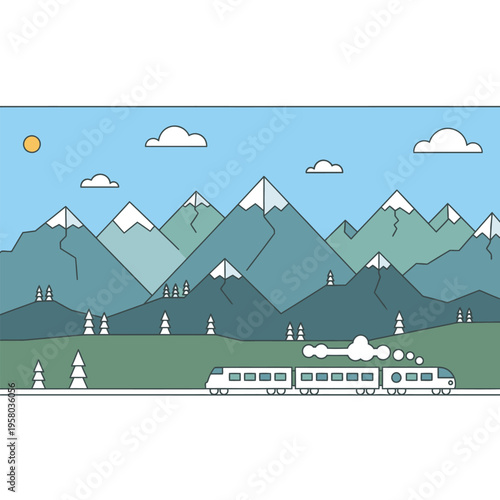 Modern Train Traveling Through Scenic Mountain Landscape.