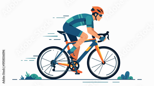 Dynamic Illustration of a Male Cyclist in Full Gear Riding a Racing Bicycle.