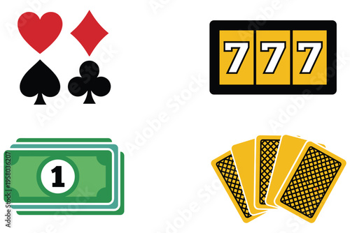 Colorful gambling and casino themed icons including playing cards hearts diamonds clubs spades and slot machine display with money stack