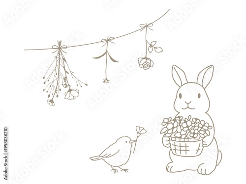 うさぎと小鳥と花の手描きのイラスト