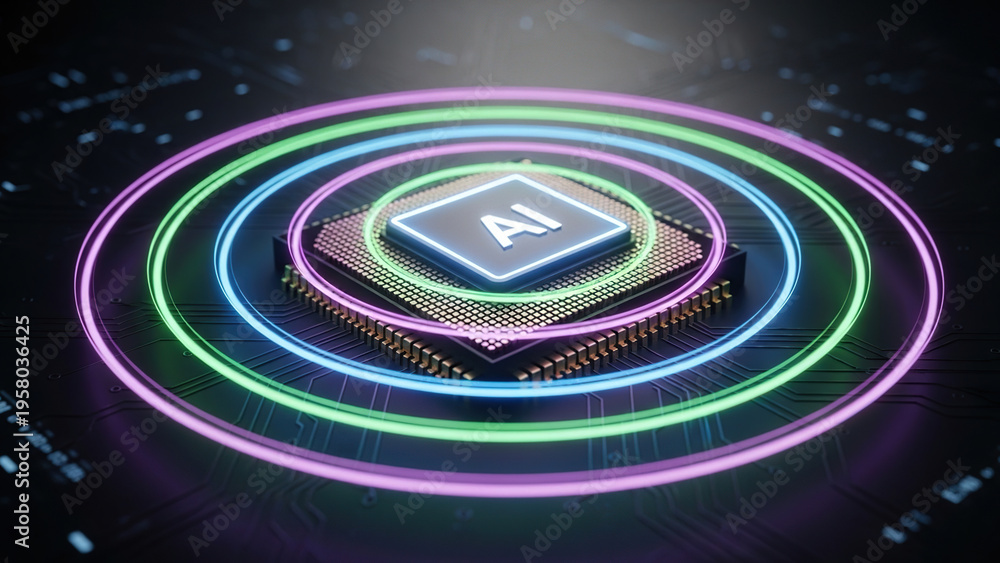 Fototapeta premium Futuristic AI microchip with glowing neon circuits, advanced technology and computing concept 