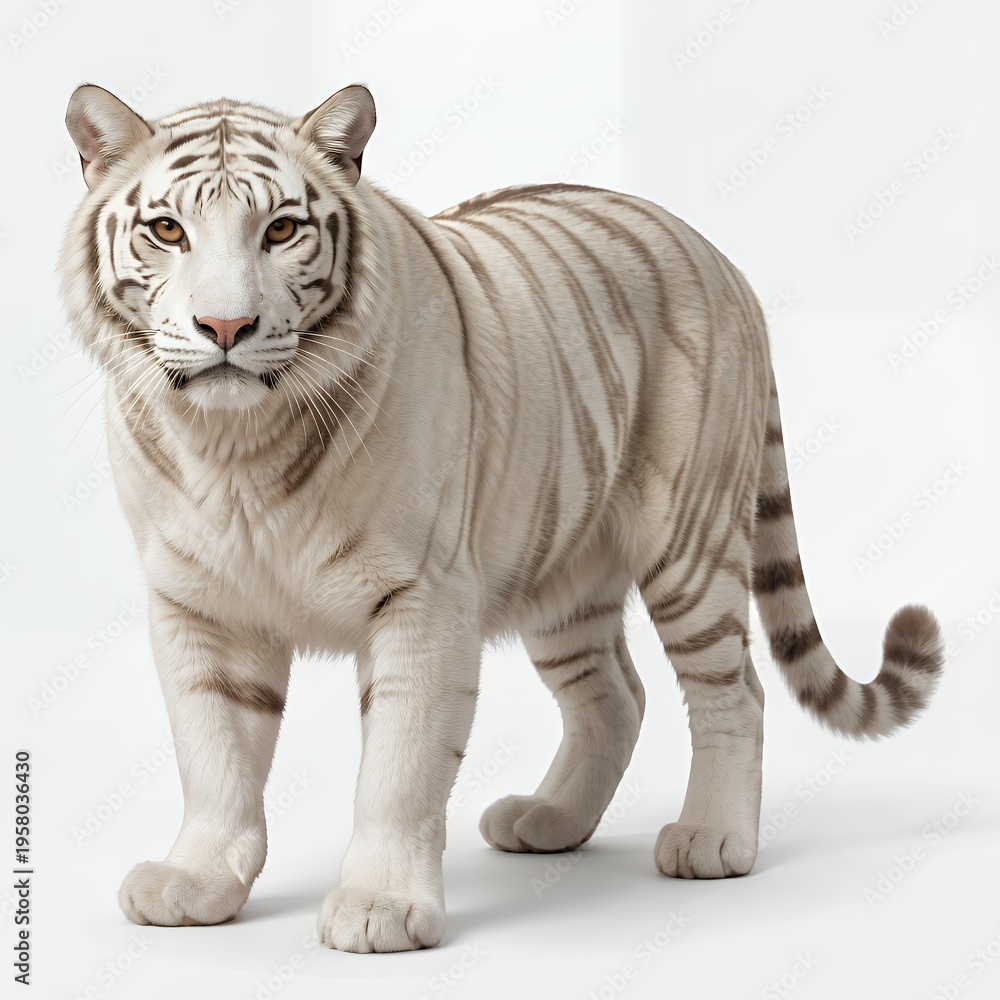 Obraz premium White Tiger Walking on a Plain Background, 3D Realistic Rendering