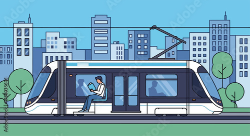Modern Tram with Passenger Reading Book.