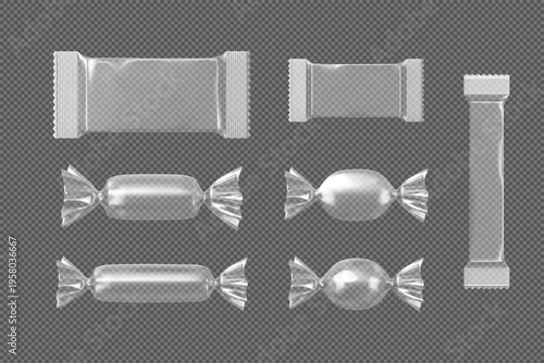 Realistic candy transparent polyethylene package mockup vector set, empty product twisted pouch and flow wrapper blank