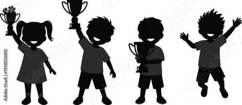 children winners silhouette, kids holding trophy, success celebration moment, happy childhood achievement, school competition victory, flat vector illustration