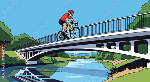 Cyclist riding bicycle on a modern bridge over a river.