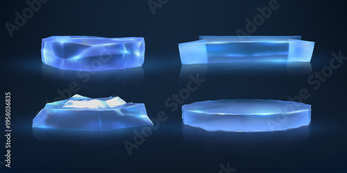 A set of glowing ice podiums of various shapes on a dark blue isolated background.