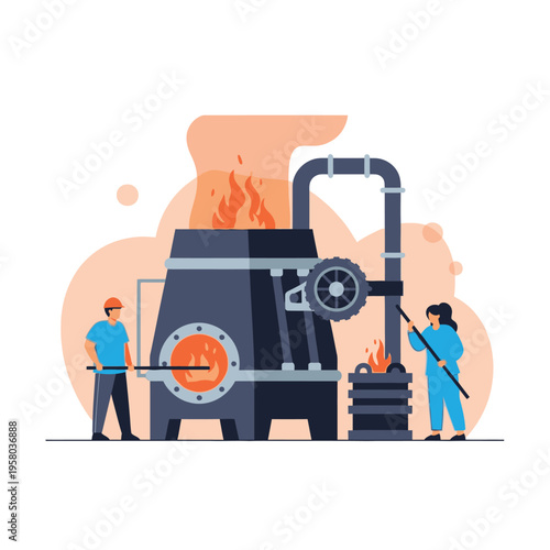 Industrial furnace with workers operating machinery.