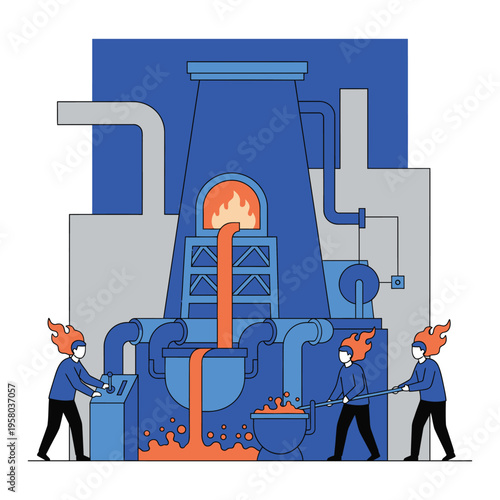 Industrial furnace with workers processing molten metal.