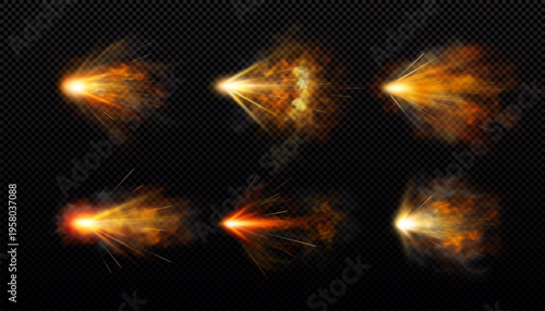 Gun shot with orange fire and smoke effects vector set, weapon firing blast, realistic gun explosion flash flame trails