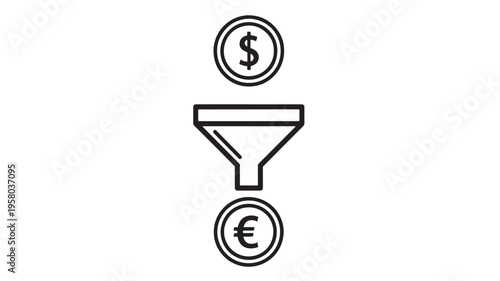 Dollar coin passing through a funnel into a euro coin, representing currency exchange and financial transactions icon.