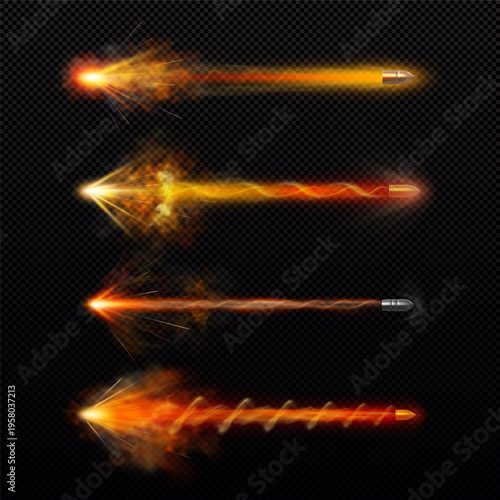 Realistic set of flying bullets with smoke trace and explosion flash effects on dark, vector firearm projectiles streaks