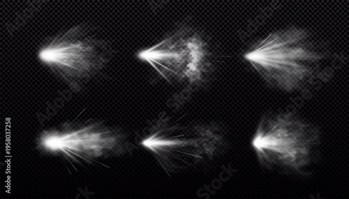 Gun shot with white fire and smoke effects vector set, weapon firing blast, realistic flying gun bullet explosion trails