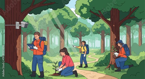 Forest conservation team planting trees and monitoring wildlife.
