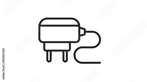Plug icon with black outline and cord connecting to it for electrical power supply featuring electricity, outlet, adapter with cable and energy