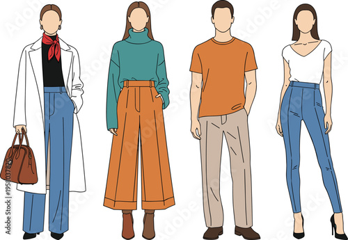 Flat vector fashion illustration set featuring men and women in contemporary seasonal outfits including coats, sweaters, t-shirts, and stylish trousers.