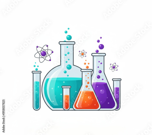 A scientific laboratory experiment features blue and green chemical liquids inside glass glassware like a test tube and flask for medical research