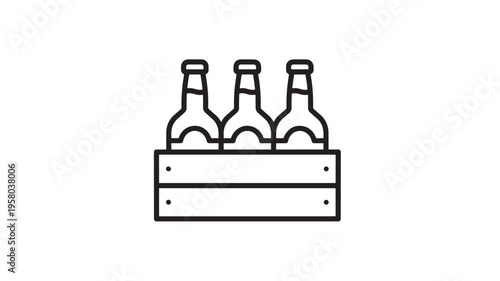 Bottles of beverage in a wooden crate, outline icon symbolizing drinks, refreshment, and packaging for distribution.