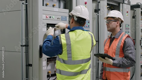 Engineers in safety gear performing maintenance on industrial battery storage systems, ensuring operational efficiency and safety