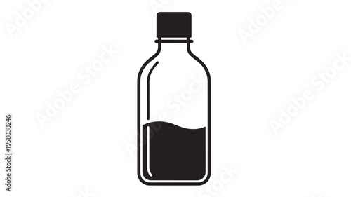 Bottle with liquid icon, a simple black and white graphic representation of a container partially filled with dark liquid and a cap.
