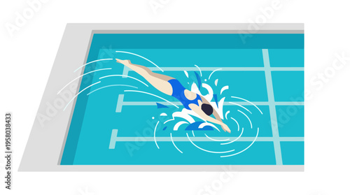 Female Swimmer in Blue Swimsuit Making a Splash in a Swimming Pool.