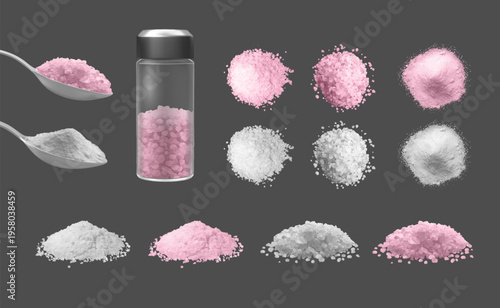 A realistic set of pink Himalayan salt and white food-grade salt in a pile, spoon, and glass jar.