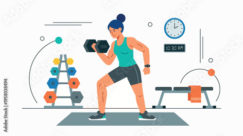 Woman engaged in a focused dumbbell workout.