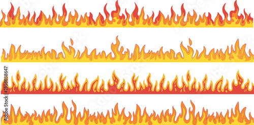Set of horizontal fire flame borders with orange and red tongues for burning heat and energy graphic design.
