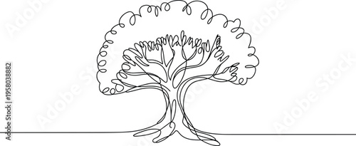 Single continuous line drawing of a tree with curly leaves representing growth nature and environmental sustainability concept.