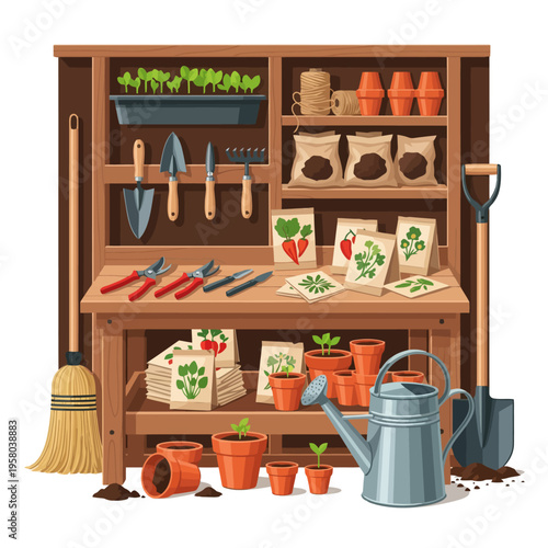 Garden Potting Bench with Tools and Seedlings Illustration