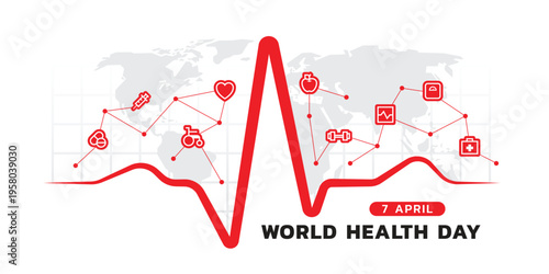 World health day - Red heart wave and icon about health connect link on world map texture background vector design