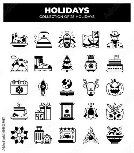 Collection of 25 Holidays. Festive Icons and Travel Adventures